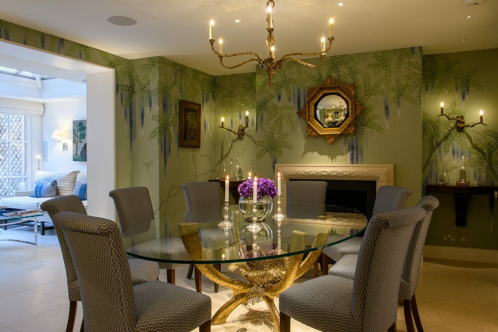 Finished wallpapered dining room with botanical wallcovering